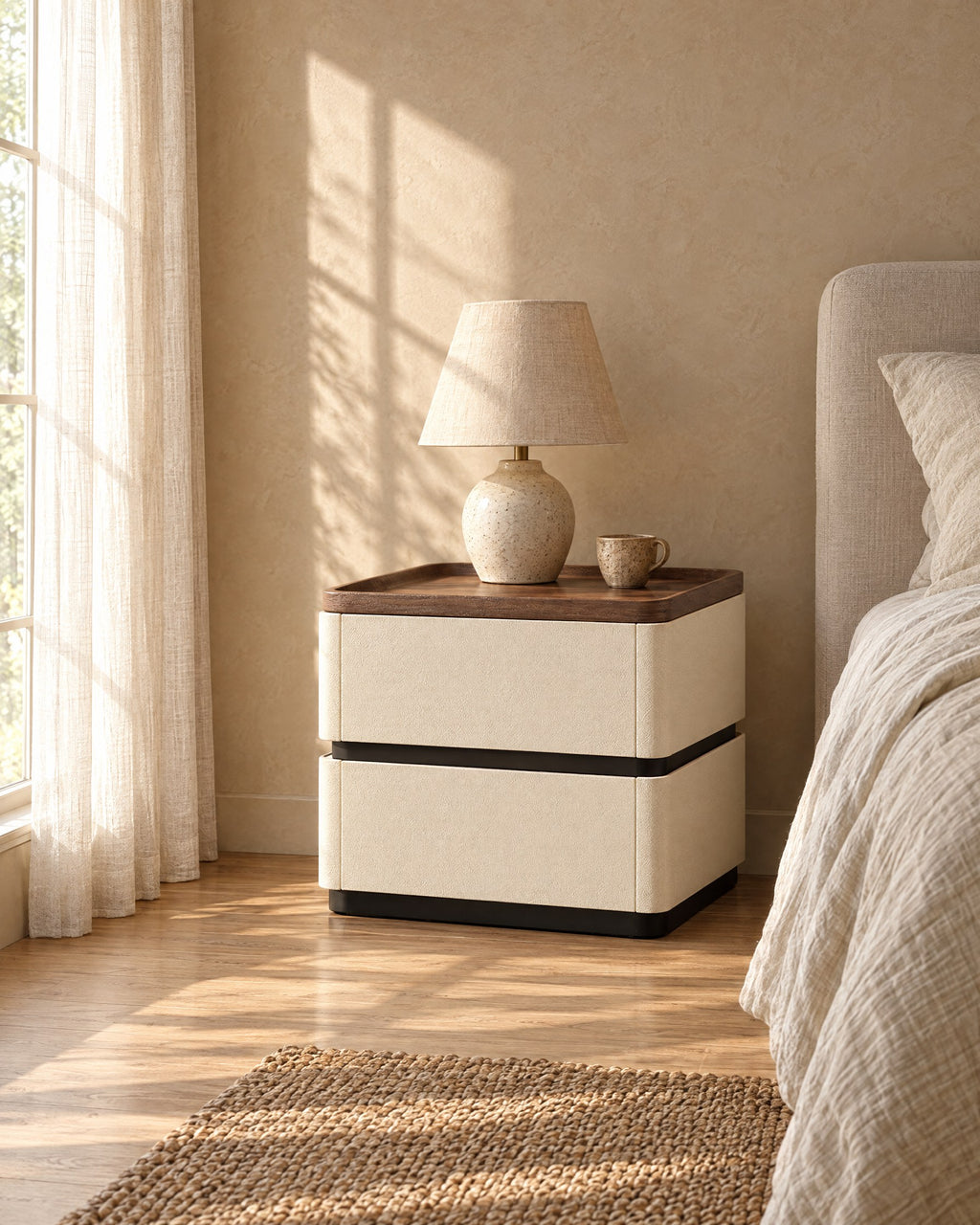 Cream upholstered bedside table with a black band between the drawers in morning light