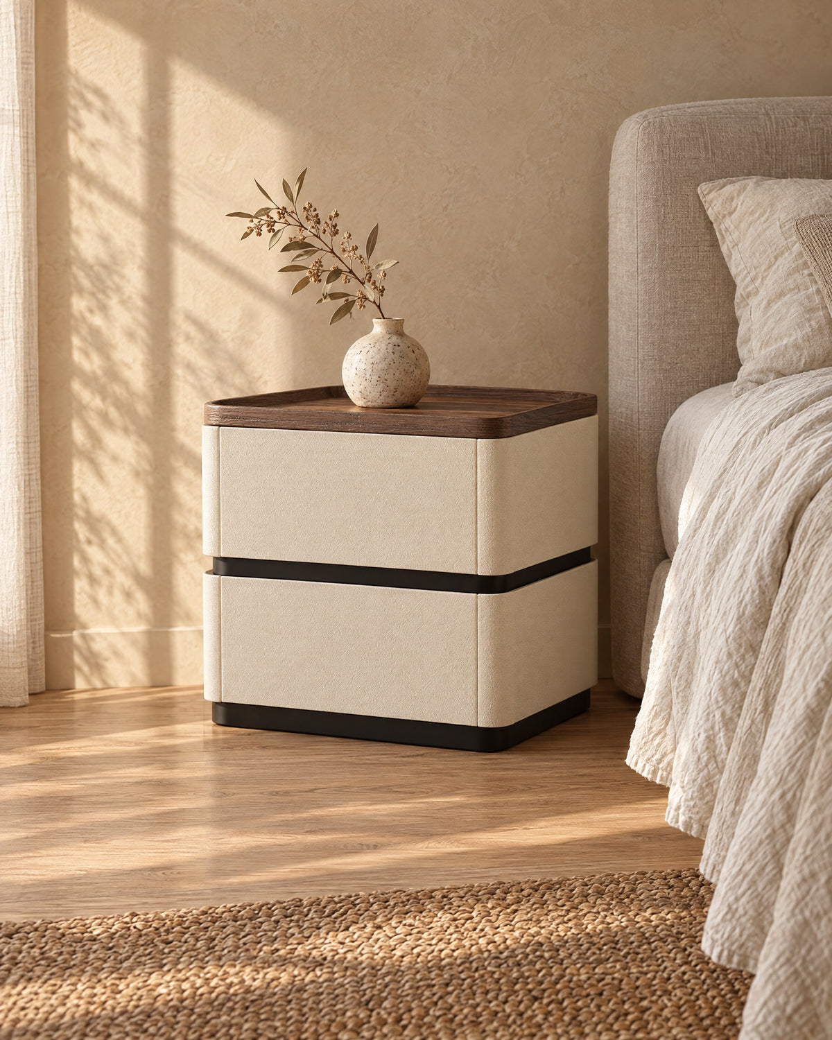 Three-quarter view of the cream bedside table showing its rounded corners