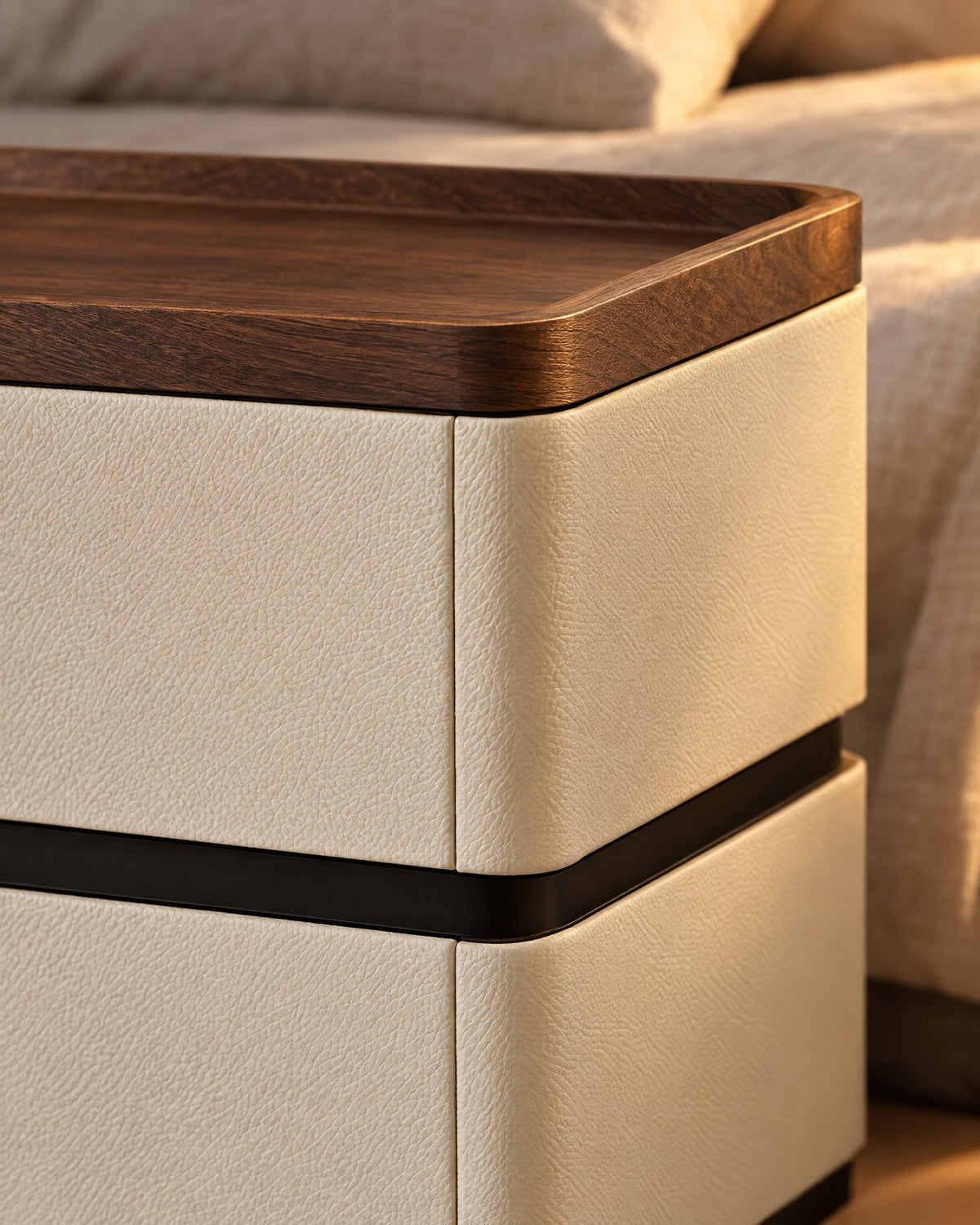 Close-up of the walnut tray top rim above the cream drawer and black band
