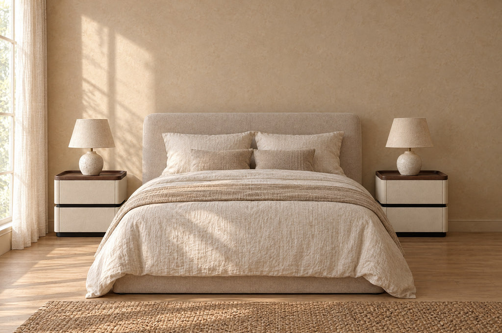Pair of cream bedside tables with walnut tray tops on each side of a double bed