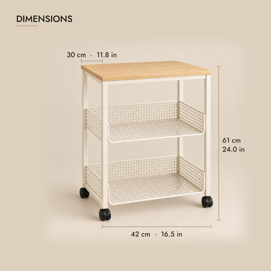 Cream bedside trolley dimensions: 42 cm wide, 30 cm deep, 61 cm high