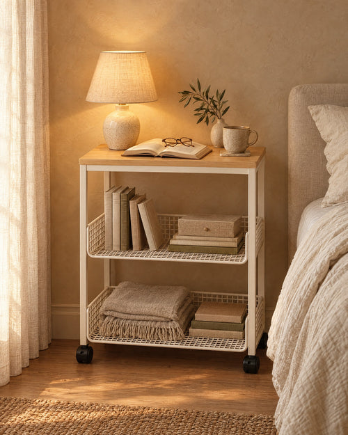 Cream bedside trolley with two mesh baskets, a lamp switched on and an open book in the evening