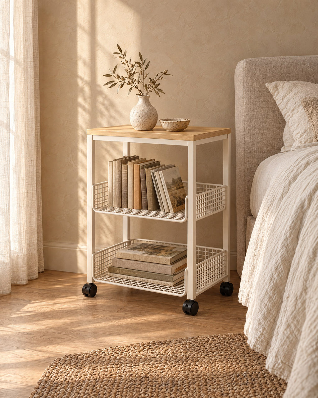 Three-quarter view of the cream bedside trolley showing its castors