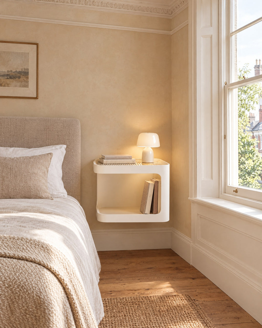 Cream floating bedside table beside a linen bed in a bright British bedroom with a sash window