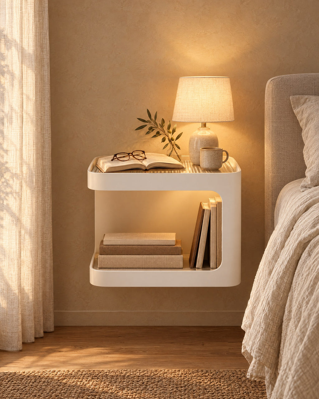 Cream floating bedside table with a lamp switched on and an open book in the evening