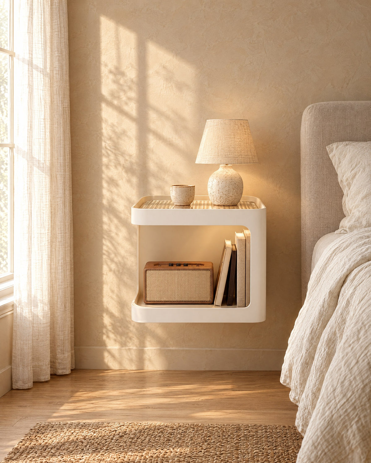 Cream floating bedside table with a ceramic lamp in warm morning light