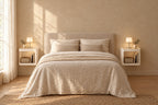 Pair of cream floating bedside tables on each side of a double bed