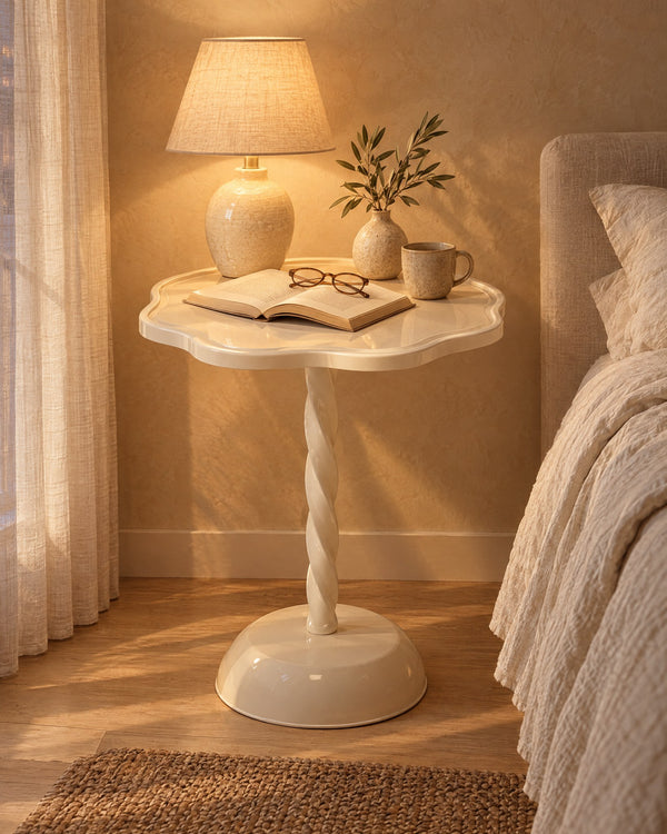 Cream Flower Bedside Table with Twisted Pedestal