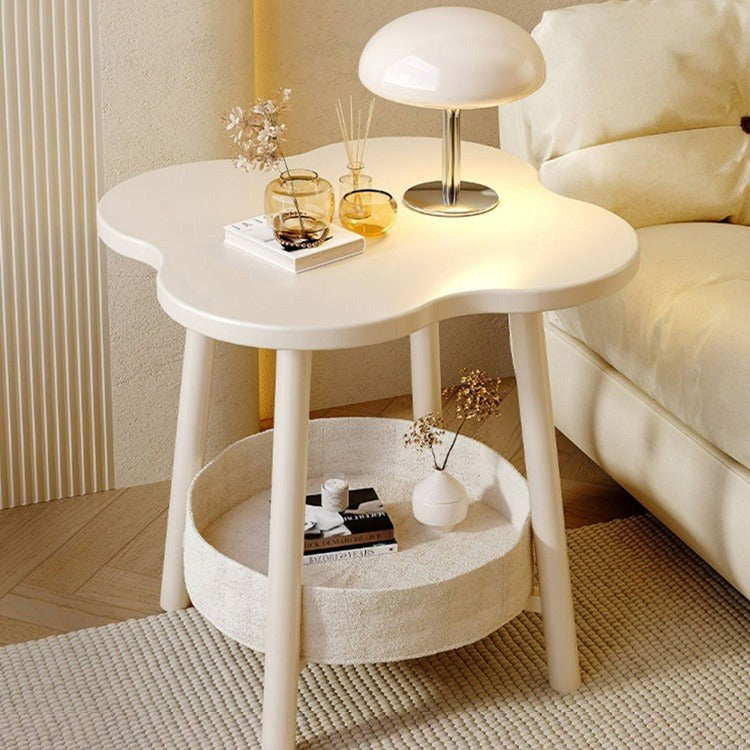 Cream flower-shaped bedside table with a storage basket, supplier photograph