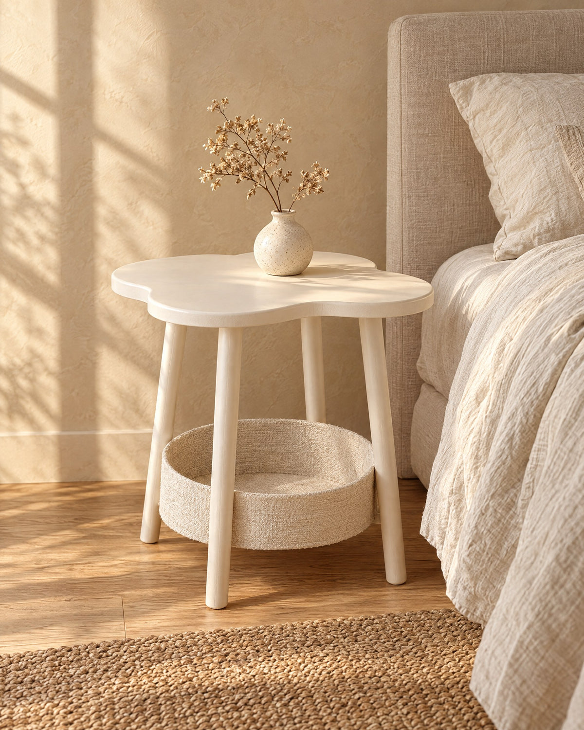 Three-quarter view of the cream flower-shaped bedside table with a storage basket beside a bed