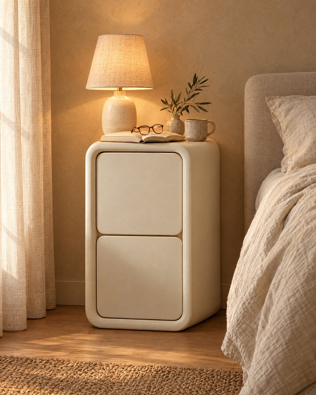 Cream leather-look bedside table with two drawers, a lamp switched on and an open book in the evening