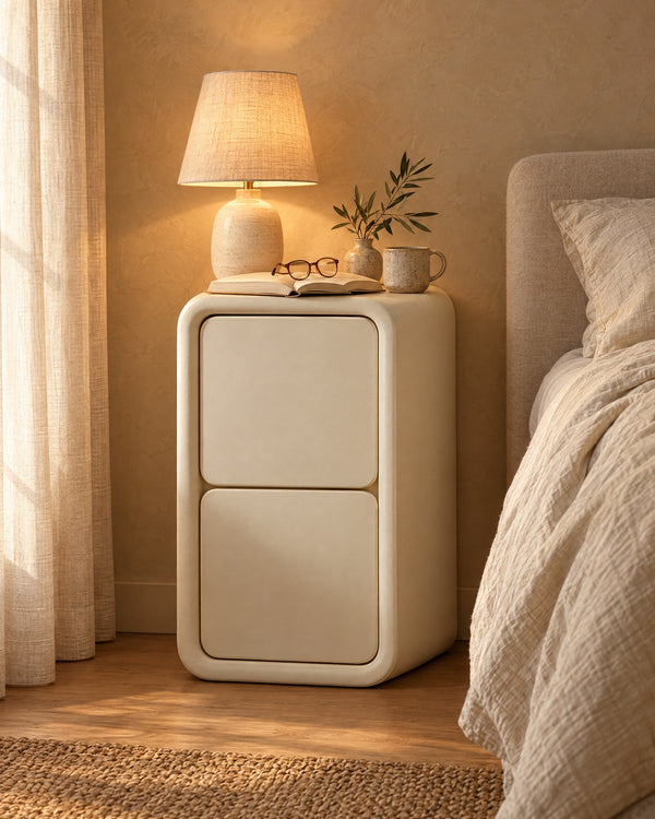 Cream Leather-Look Bedside Table with 2 Drawers and Rounded Frame