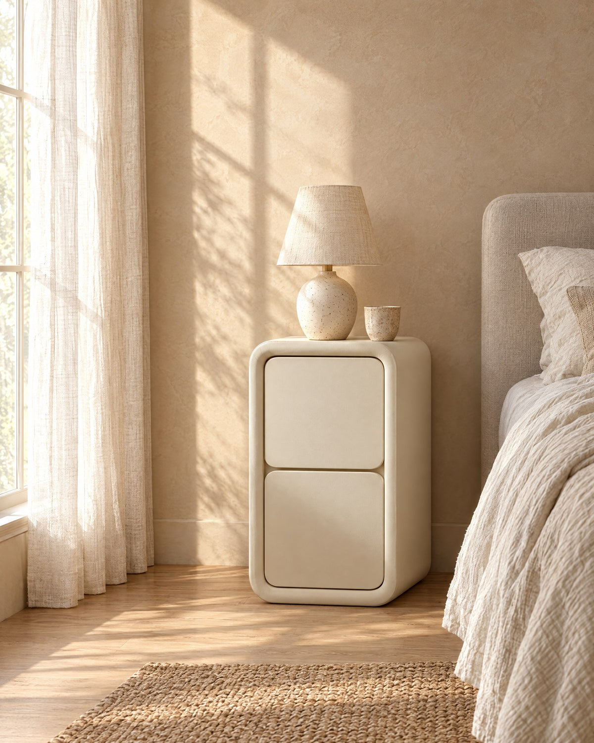 Cream leather-look bedside table with a ceramic lamp in morning light