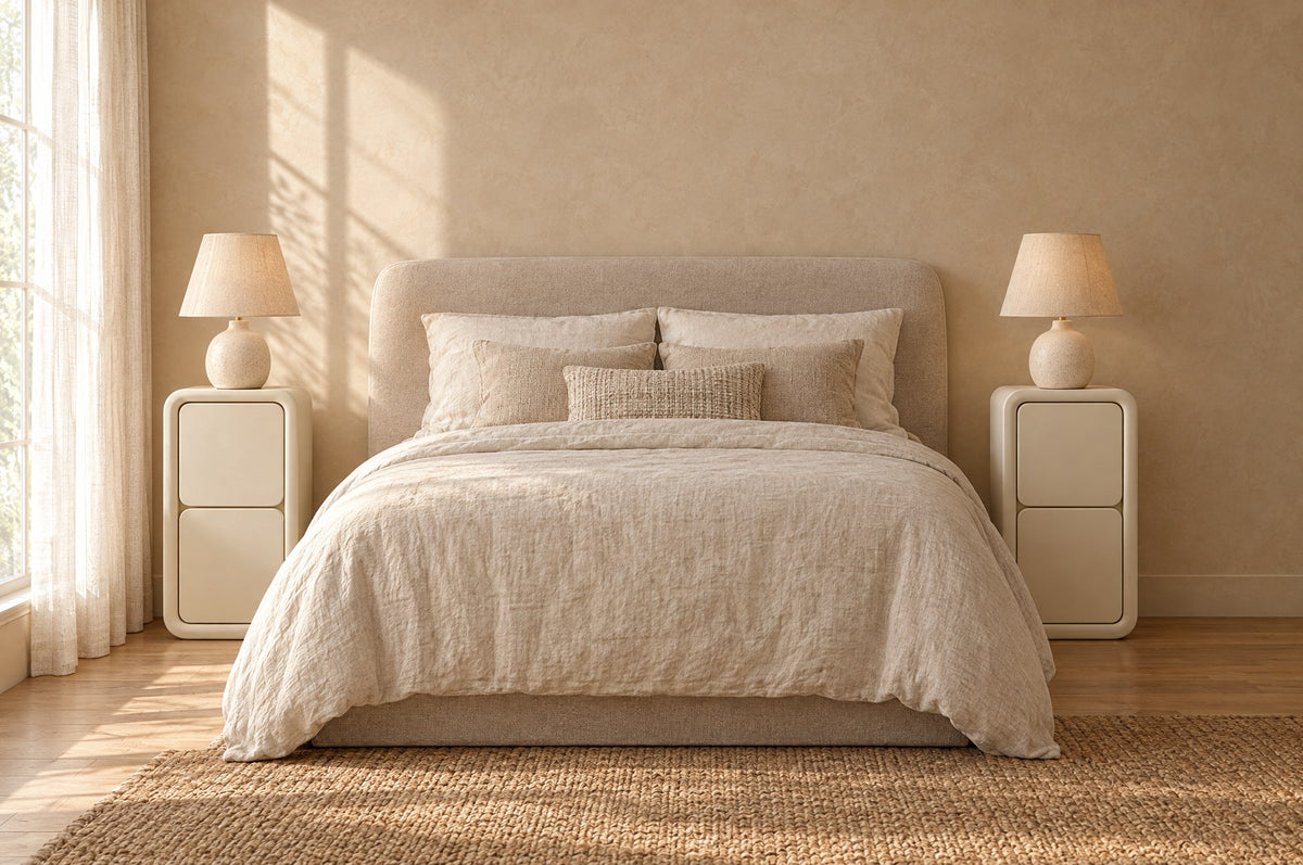 Pair of cream leather-look bedside tables on each side of a double bed