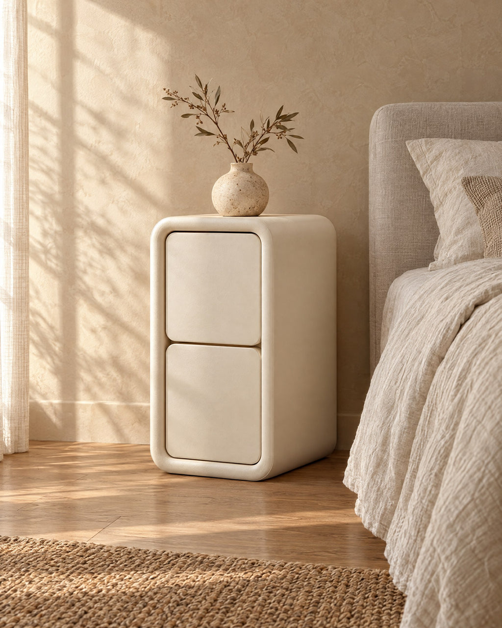 Three-quarter view of the cream bedside table with its rounded frame