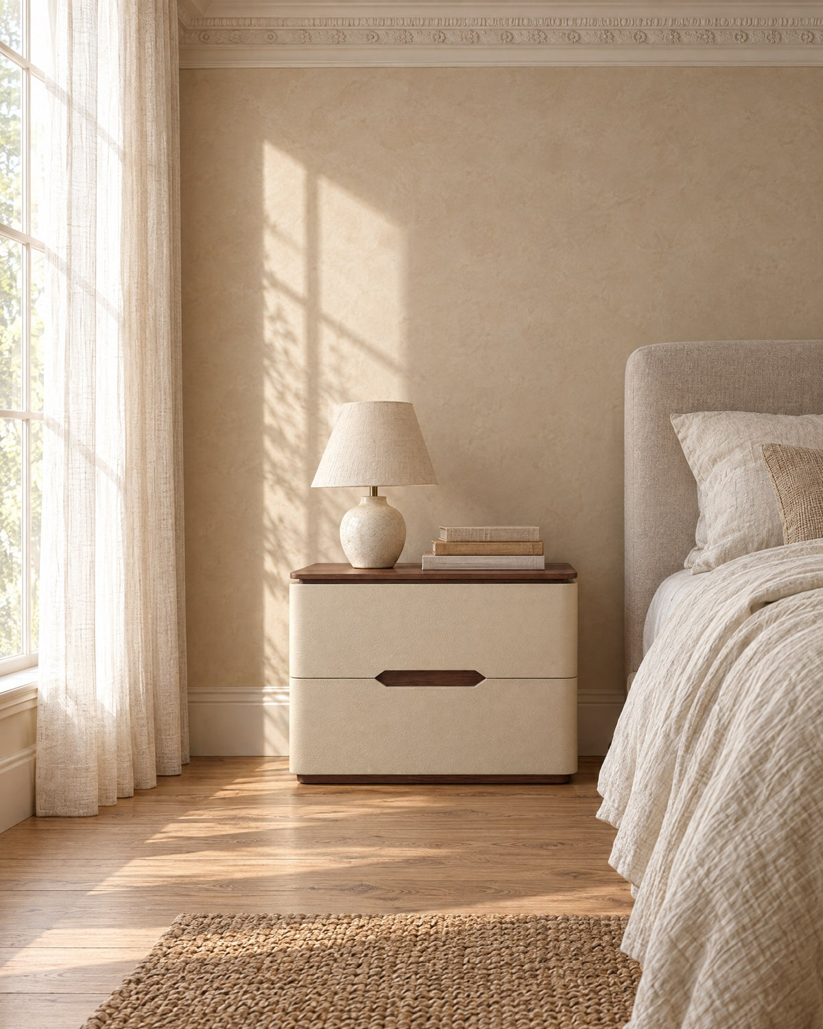 Cream leather-look bedside table with walnut-tone top beside a linen bed in a bright British bedroom with a sash window