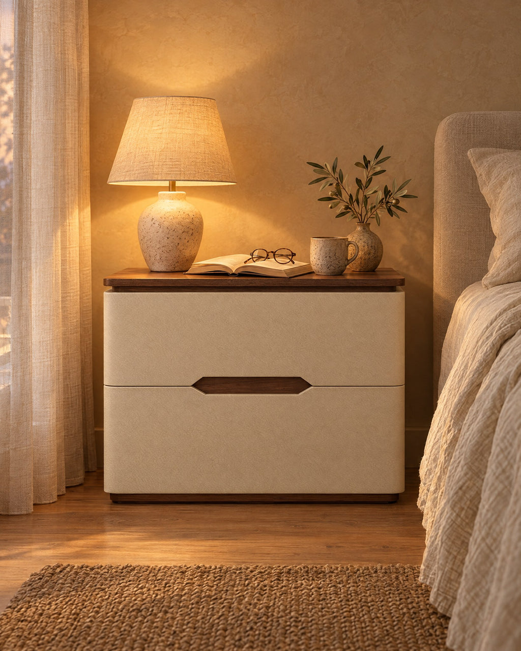 Cream leather-look bedside table with walnut-tone top with a lamp switched on, an open book and reading glasses in the evening