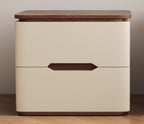 Cream leather-look bedside table with walnut-tone top, front view