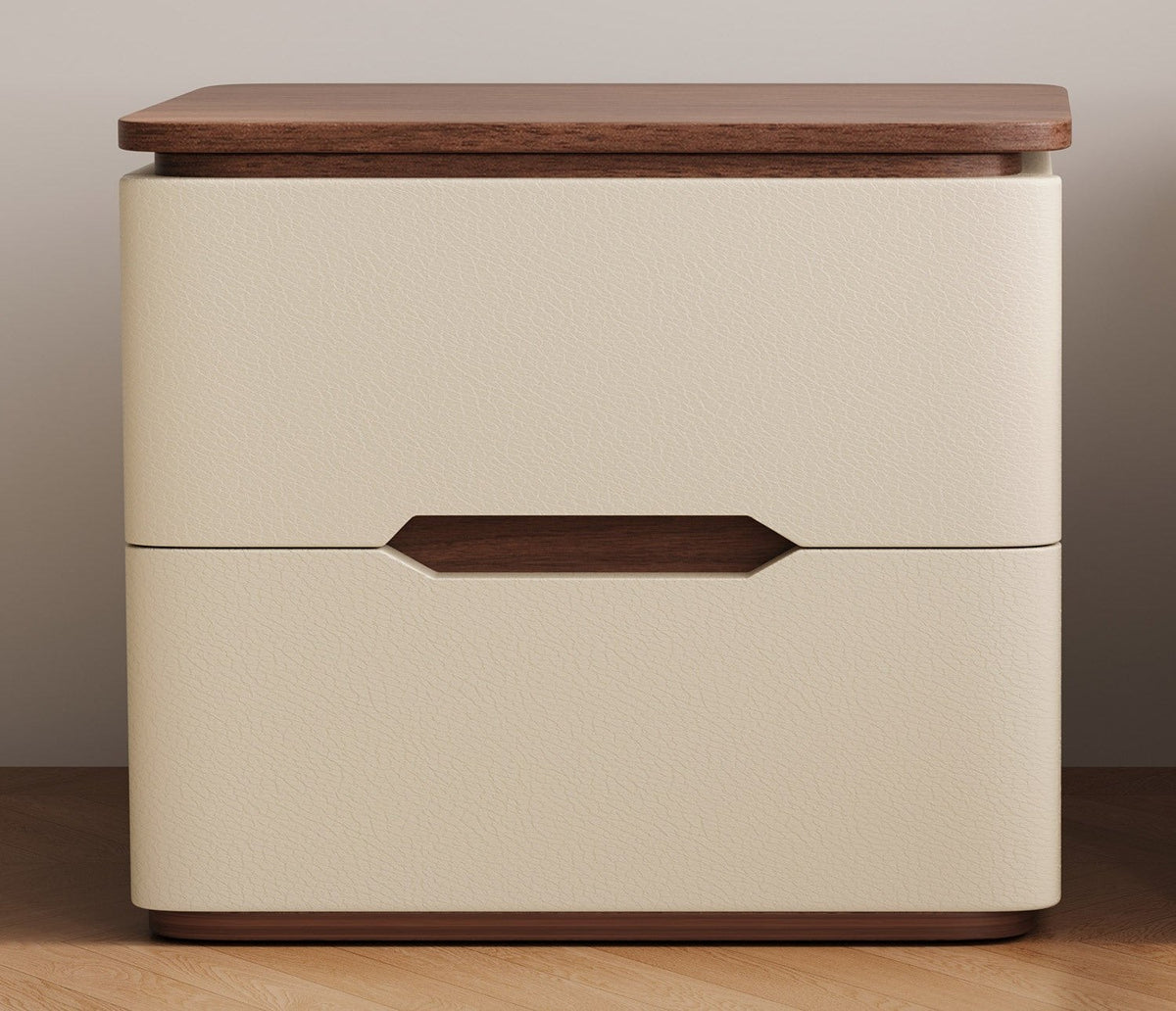 Cream leather-look bedside table with walnut-tone top, front view