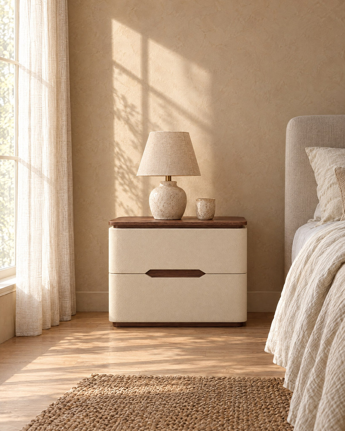 Cream leather-look bedside table with walnut-tone top with a ceramic lamp in morning light