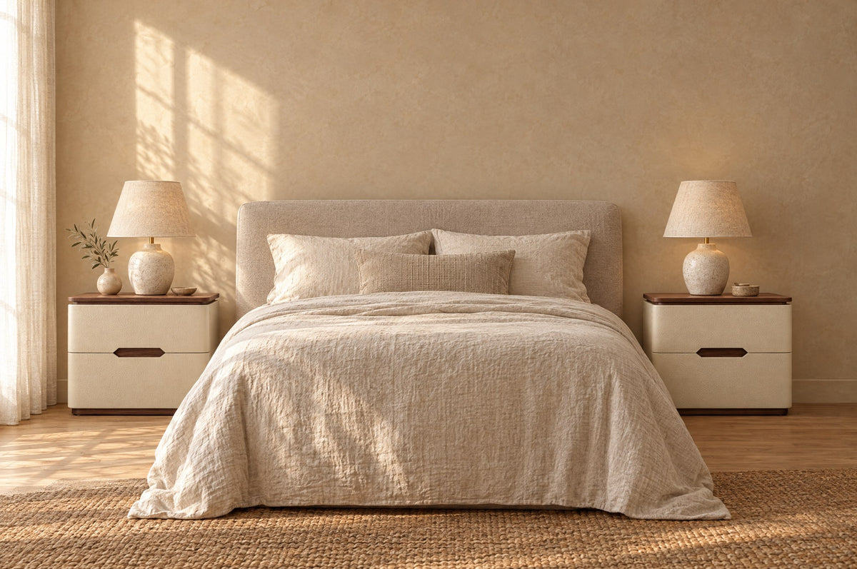 Pair of cream leather-look bedside table with walnut-tone tops on each side of a double bed