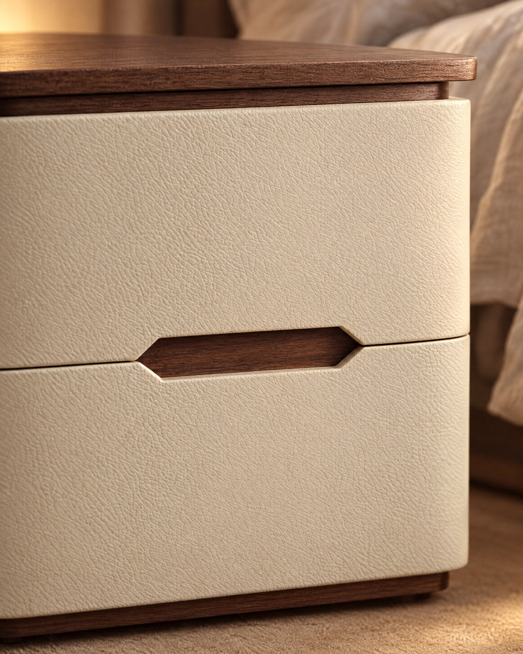 Close-up of the hexagonal wooden finger pull and leather-look texture