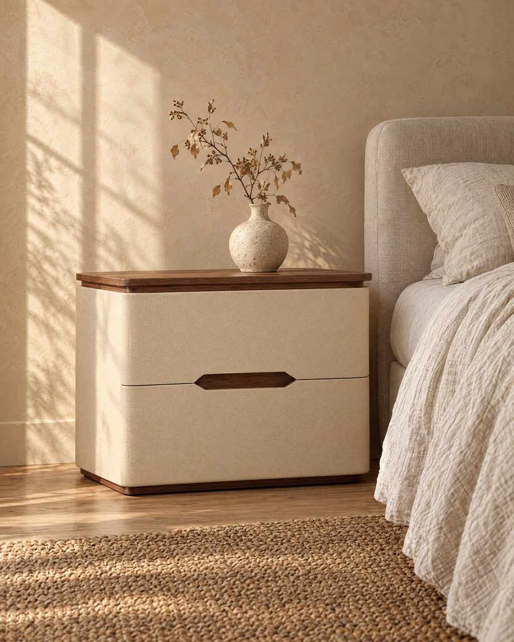 Cream leather-look bedside table with walnut-tone top standing beside a bed with linen bedding