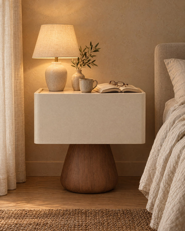 Cream Bedside Table with Drawer on a Walnut Pedestal Base