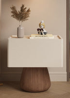 Front view of the cream Bedside Table with Drawer on a Walnut Pedestal Base