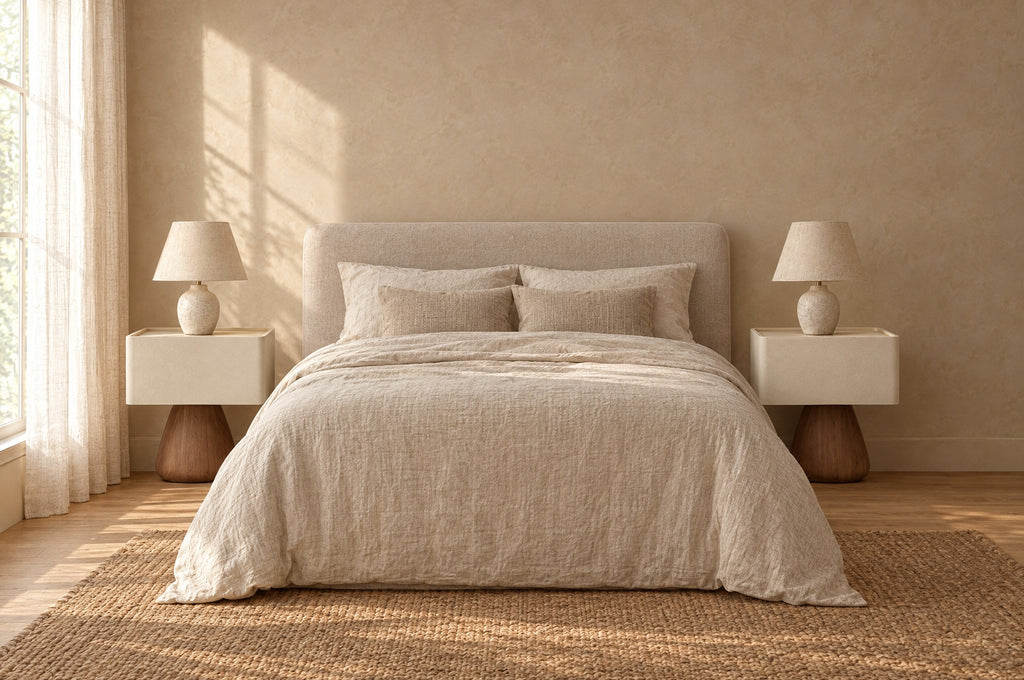 Pair of cream pedestal bedside tables on each side of a double bed