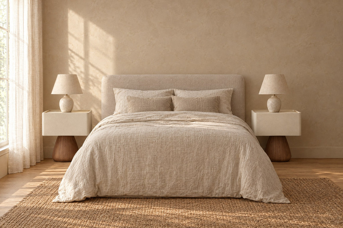 Pair of cream pedestal bedside tables on each side of a double bed