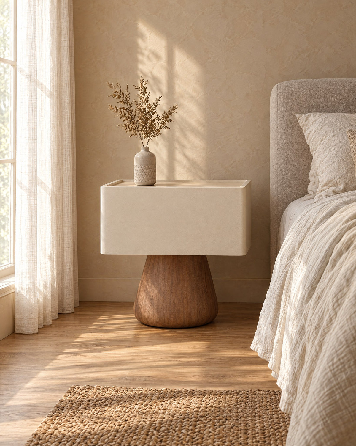 Three-quarter view of the cream bedside table on its single walnut pedestal
