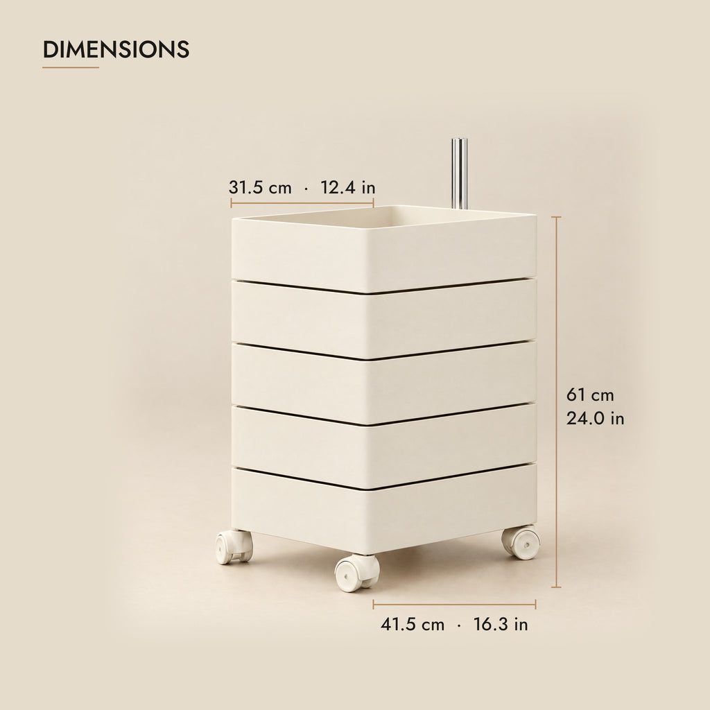 Cream rotating bedside storage unit dimensions: 41.5 cm wide, 31.5 cm deep, 61 cm high
