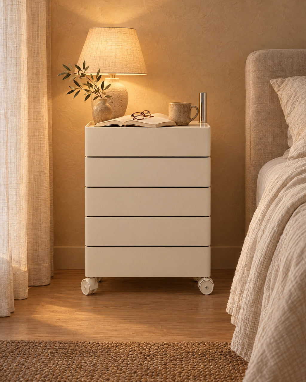 Cream rotating bedside storage unit with a lamp switched on and an open book in the evening