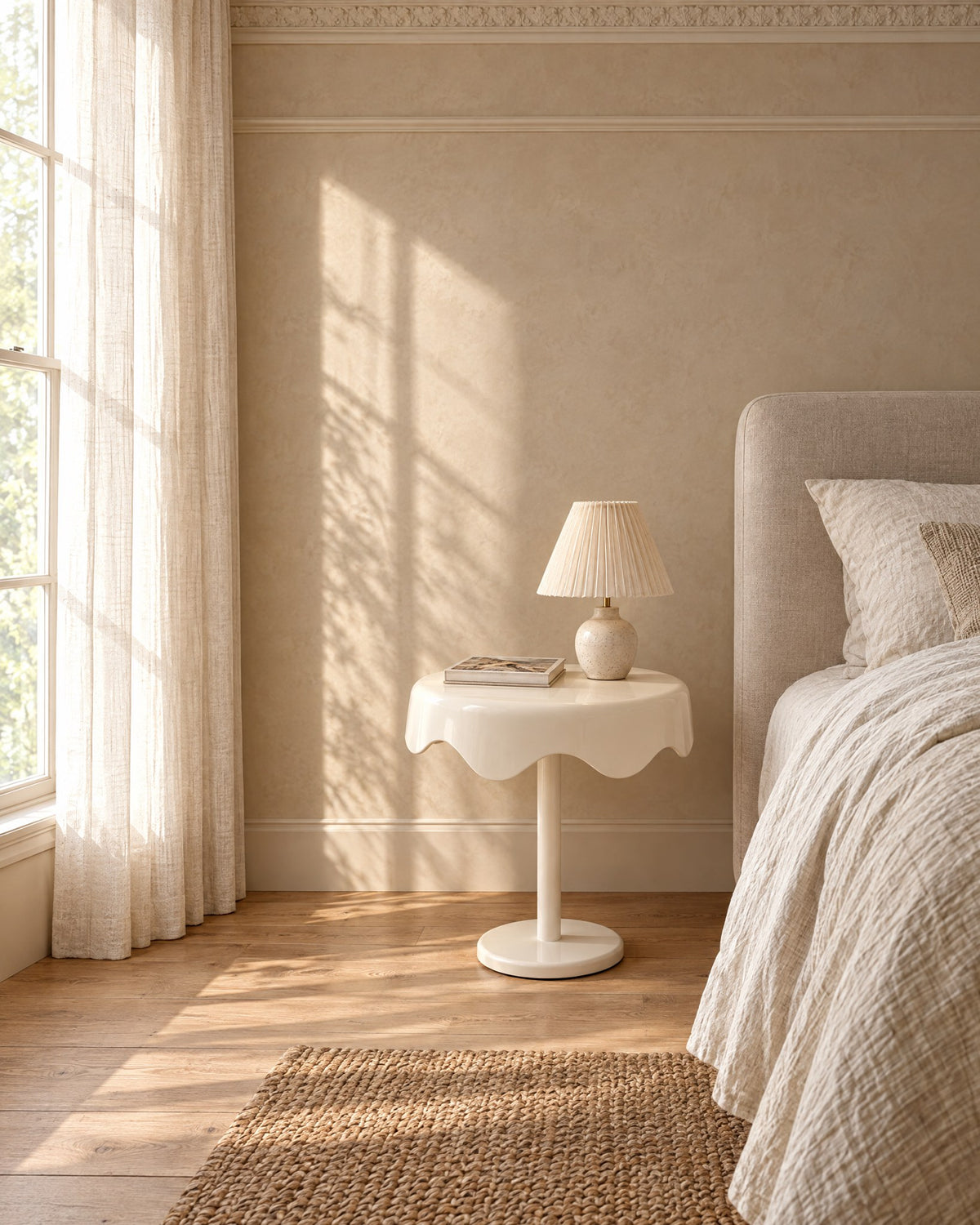 Cream round pedestal bedside table beside a linen bed in a bright British bedroom with a sash window