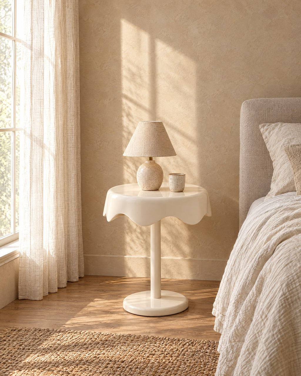 Cream round pedestal bedside table with a ceramic lamp in morning light