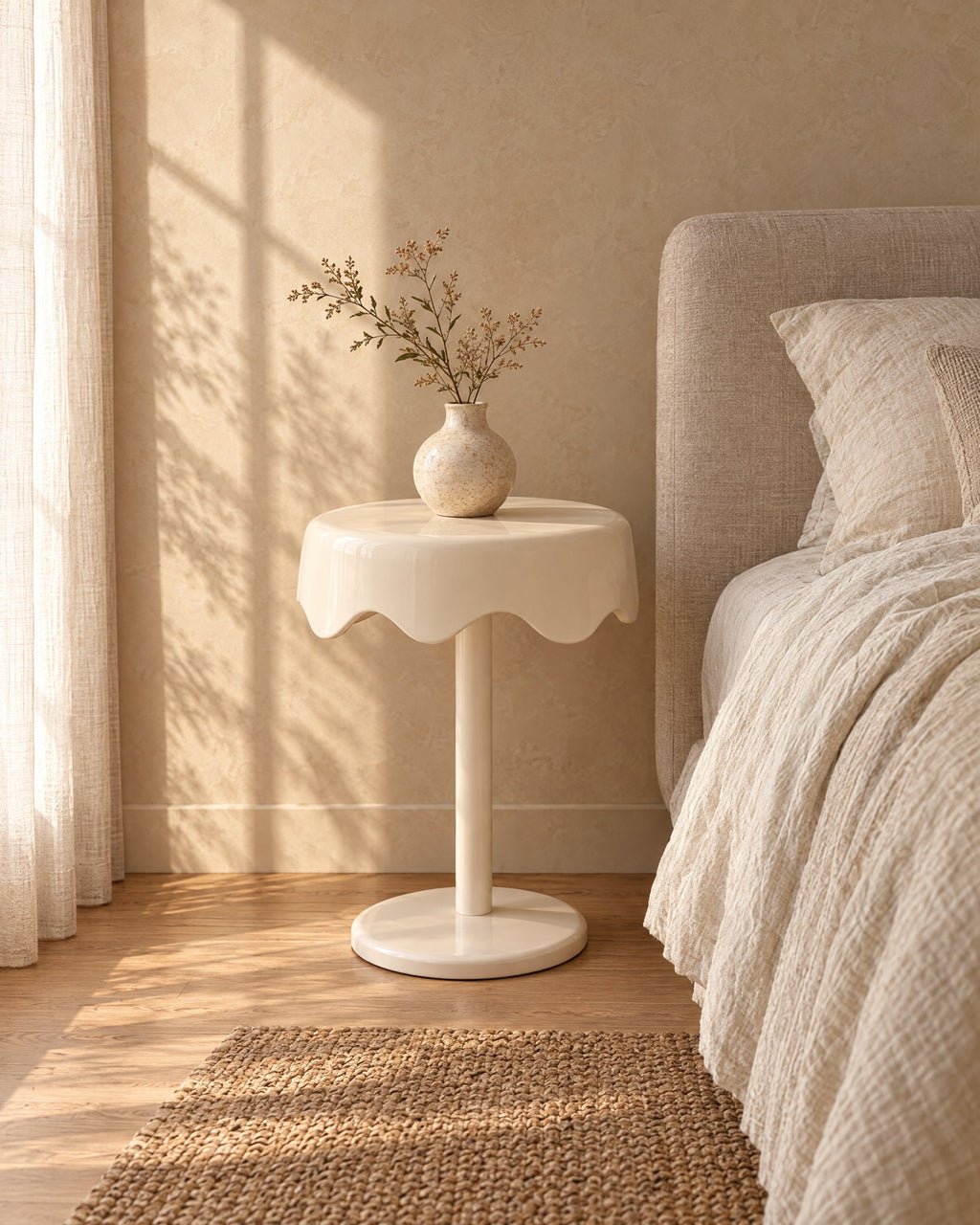 Cream round pedestal bedside table standing beside a bed with linen bedding
