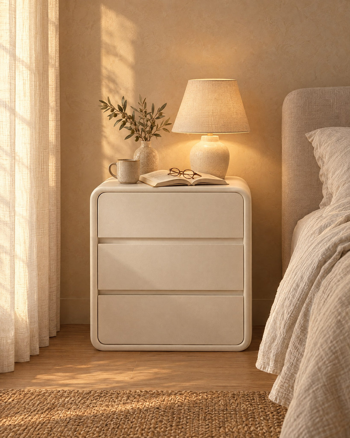Cream rounded bedside table with three drawers, a lamp switched on and an open book in the evening