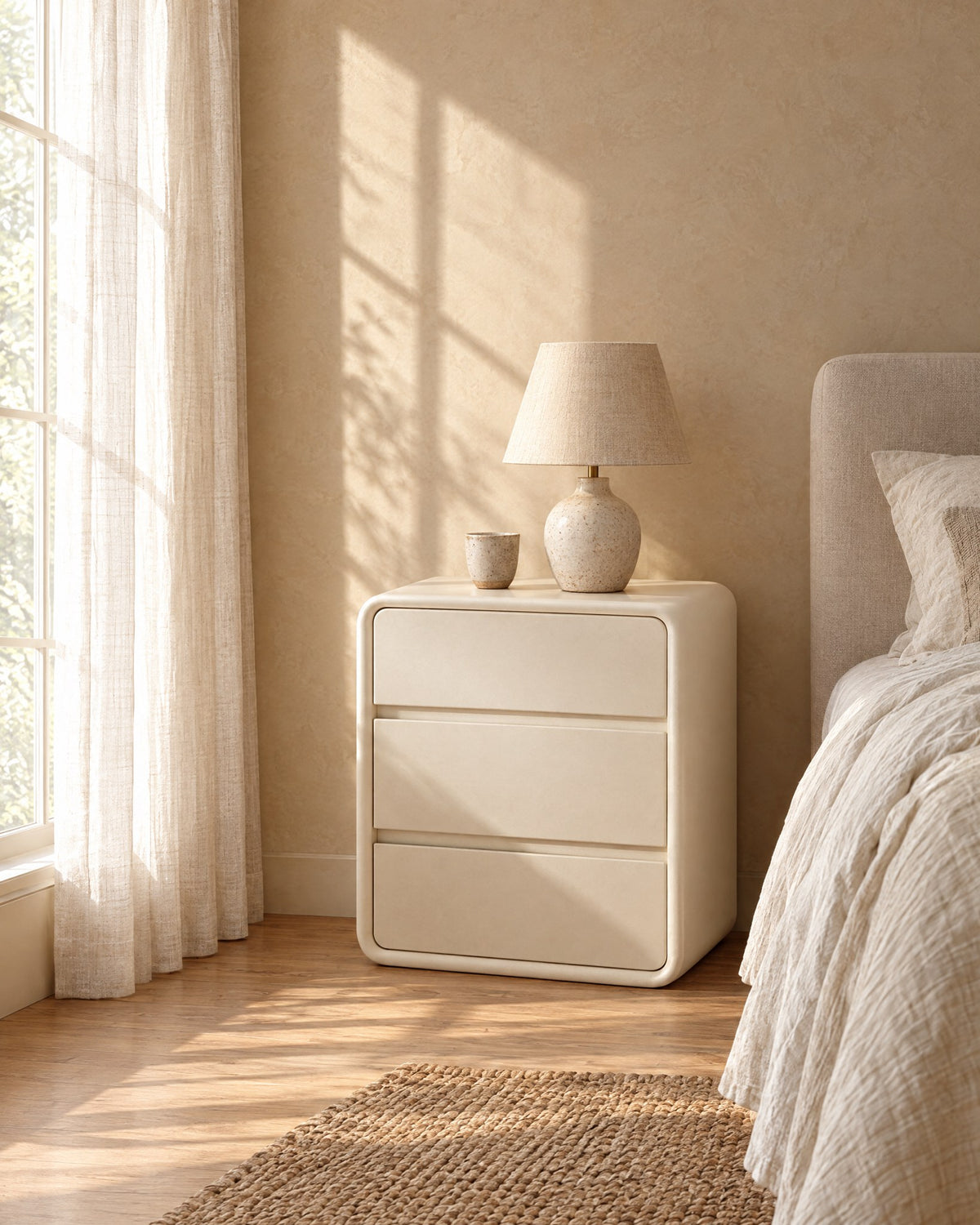 Cream rounded bedside table with a ceramic lamp in morning light