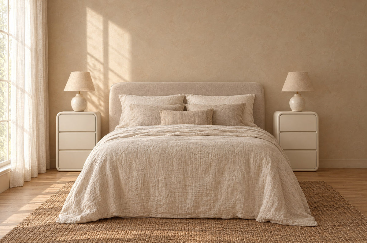 Pair of cream rounded three-drawer bedside tables on each side of a double bed