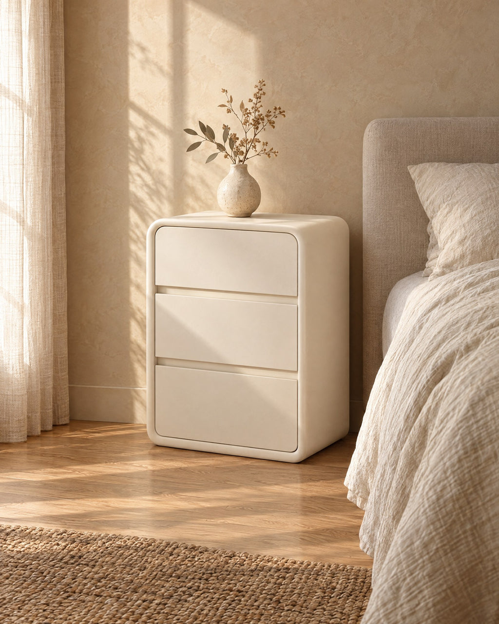 Three-quarter view of the cream rounded bedside table showing its curved frame