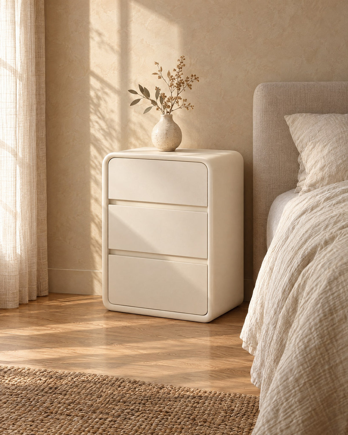 Three-quarter view of the cream rounded bedside table showing its curved frame