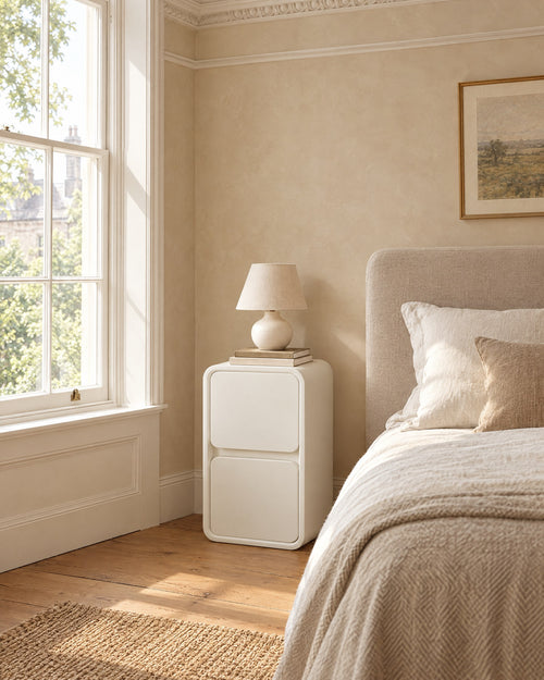 Cream rounded bedside table beside a linen bed in a British bedroom with a sash window