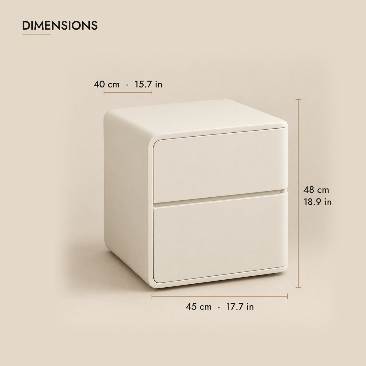 Cream rounded bedside table with two handle-free drawers dimensions: 45 cm wide, 40 cm deep, 48 cm high