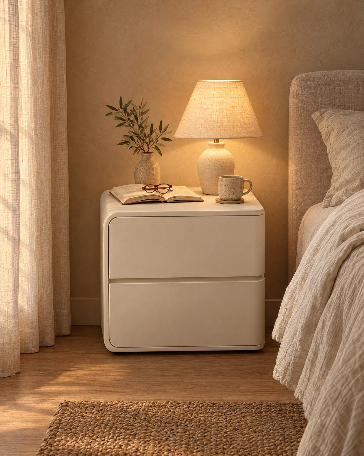 Cream rounded bedside table with two handle-free drawers with a lamp switched on and an open book in the evening