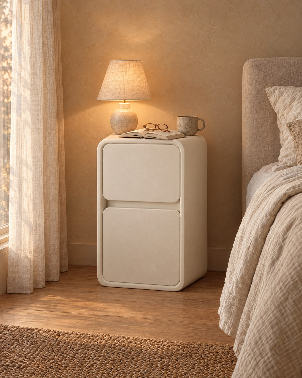 Cream rounded bedside table with a lamp switched on and an open book in the evening