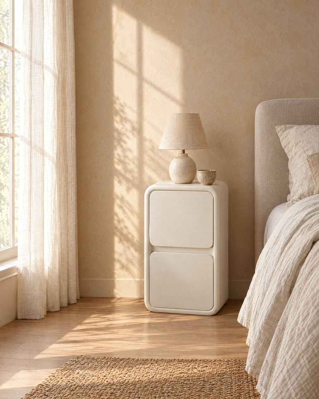 Cream bedside table with rounded edges in morning light