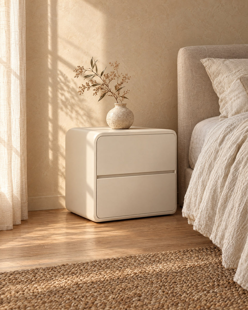 Three-quarter view of the cream rounded bedside table with two handle-free drawers
