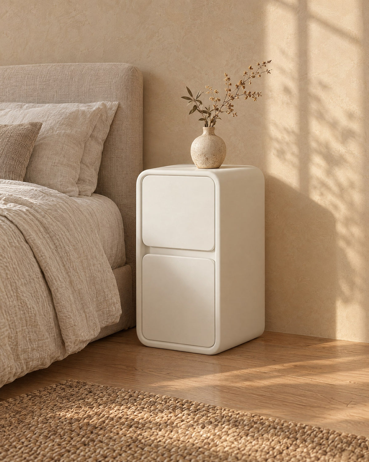 Three-quarter view of the cream rounded bedside table