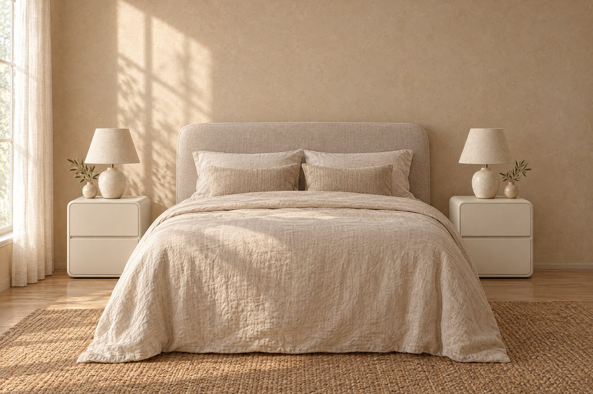 Pair of cream rounded bedside tables with two handle-free drawers on each side of a double bed